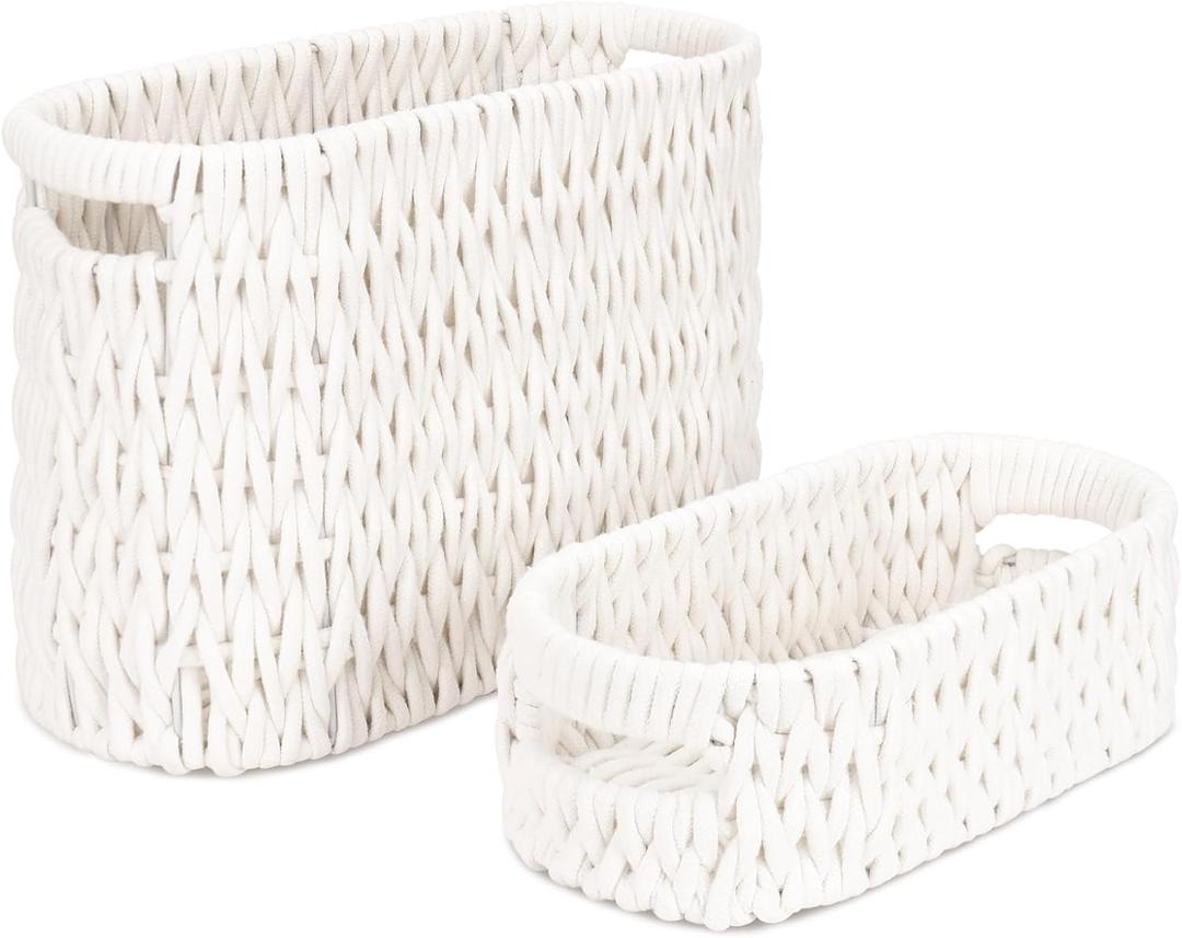 Boho Toilet Paper Storage Baskets, Cotton Rope Woven Bathroom Basket Set of 1, Standing Toilet Paper Holder for 6 Mega Rolls,Storage Bins for Toilet Tank Top, Bathroom Organizer Decor (White 1 Pack)