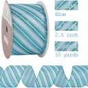 MEEDEE Blue Diagonal Stripe Ribbon 2.5 Inch Blue Satin with Turquoise and Teal Glitter Wired Ribbon for Wreath Bow, Topper Bow, Tree, Garlands (10 Yards)