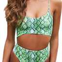 Meyeeka Womens Scoop Neck Cut Out Front Lace Up Back High Cut Monokini One Piece Swimsuit (X-Large, Snakeskin1)