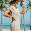 Women Crochet Swim Cover Up Dress V Neck Short Sleeve Waist Cinched Bathing Suit Beach Vacation Cover Ups, XX-Large, Apricot