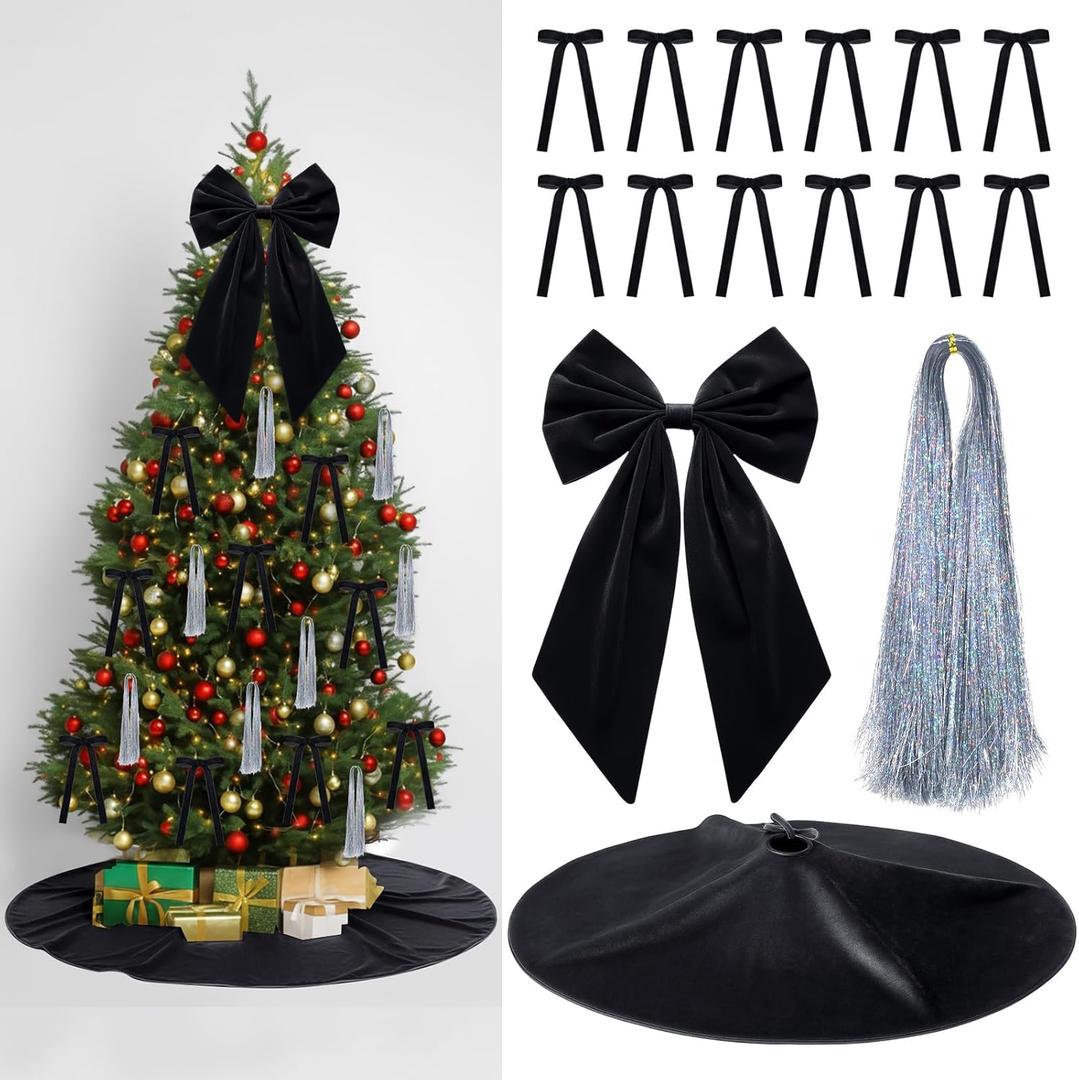 Gejoy Velvet Christmas Ornaments Set-12 Velvet Bows, 1 Christmas Tree Skirt, 1 Large Tree Topper Bow, 5000 Strands Silver Tinsel Icicles for Xmas Trees Wreaths Fireplace Gifts Decor(Black)
