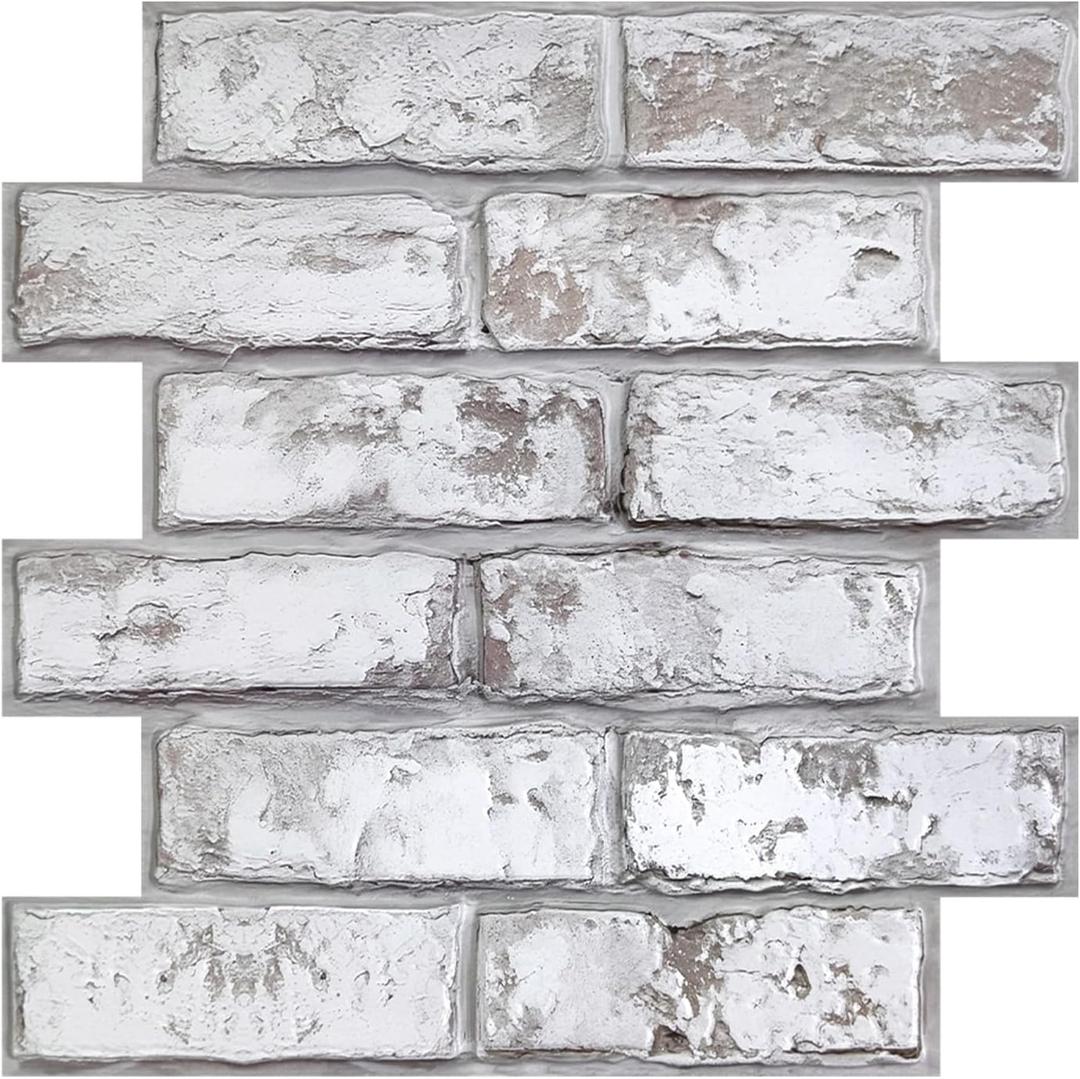 COMSTICKC 3D Faux Brick Wall Panel Peel and Stick, 10 Pcs of 12"X12", Not Real Brick, Small Size, Ultra-Light PVC Fake Brick Decorative Tiles Backsplash, Retro White, Paintable
