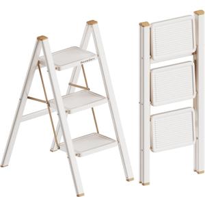 3 Step Ladder, Foldable Step Stool with Anti-Slip Pedal, Portable Iron Stepladder for Home and Kitchen, Easy to Store-Cream Chocalate(300LBS)