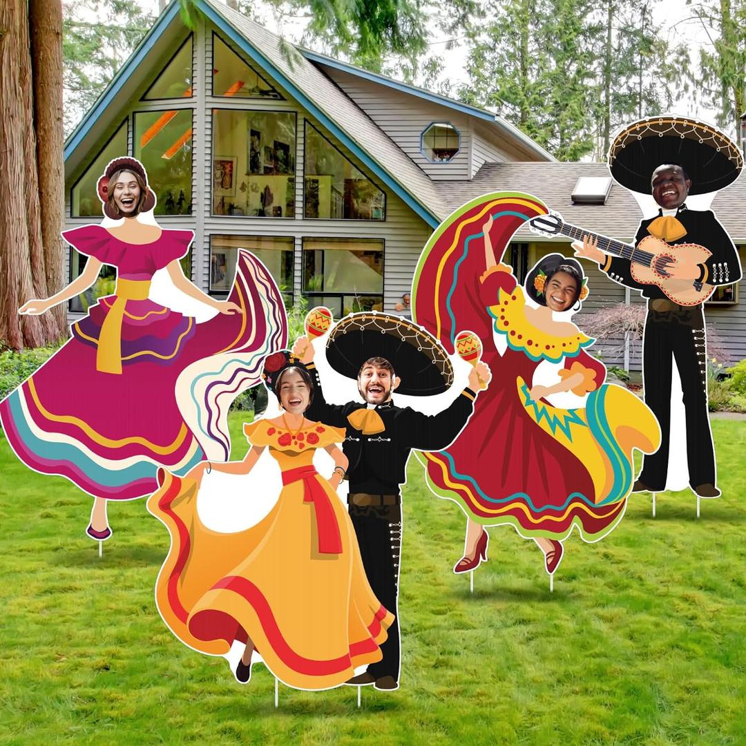 Bucherry 4 Pcs Mexican Cardboard Cutout with Stakes Life Size Mexican Faces in Hole Cardboard Photo Prop Party Decor Photography Background Hispanic Heritage Month Fiesta Cinco De Mayo Photo Booth