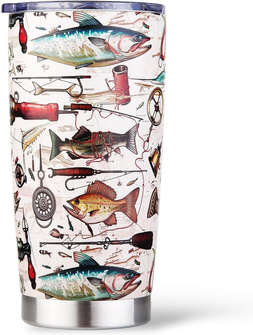 Fishing Gifts for Men, Fishermen - Fish Travel Coffee Mug Cup, Birthday Valentines Fathers Day Christmas Gift for Dad, Husband, Son, Boys, Grandpa, Uncle, Boss - 20oz Stainless Steel Insulated Tumbler