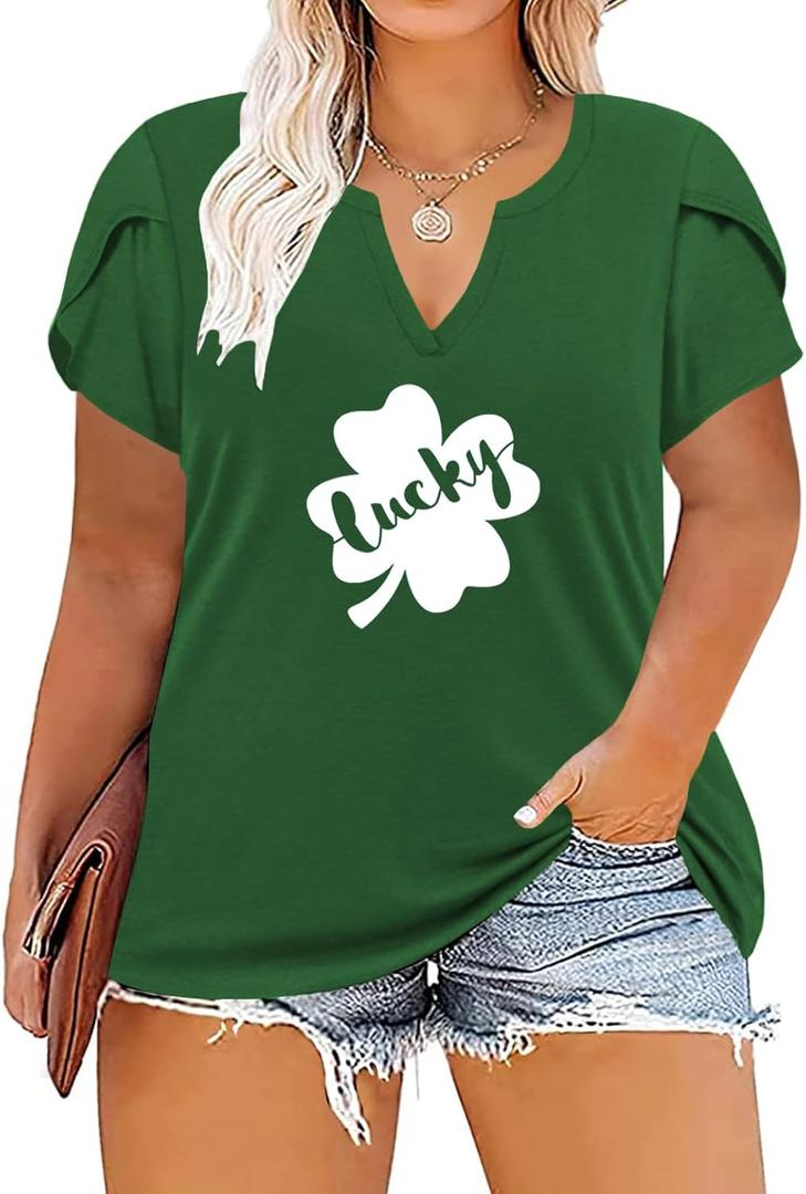 VISLILY Plus-Size-Tops for Women Casual Petal Sleeve T Shirts Summer V Neck Loose Comfy Tee (Green)