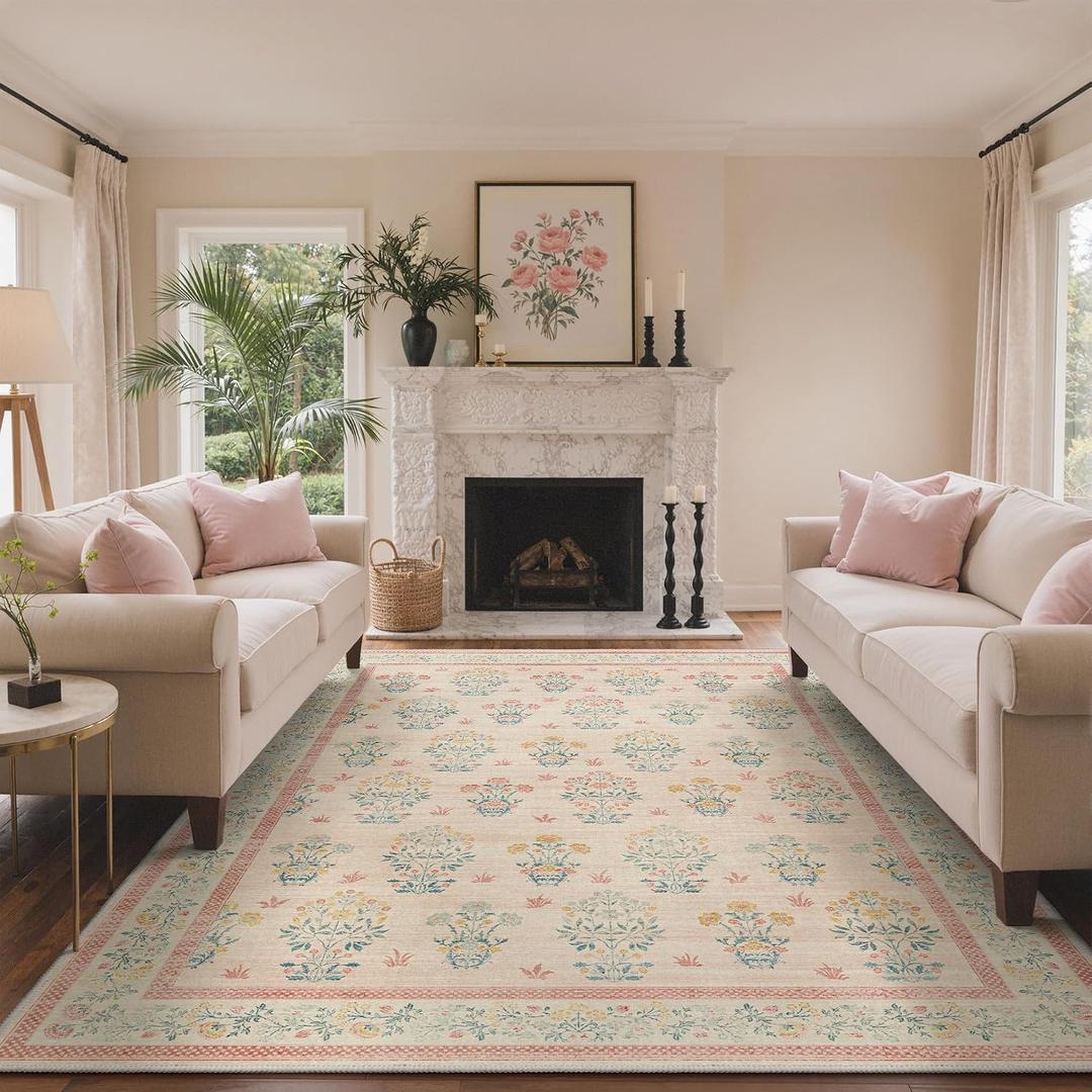 GENIMO 8x10 Vintage Floral Area Rug, Soft Microfiber Washable Rug with Non-Slip Backing, Pink Carpet for Living Room, Bedroom and Dining Room