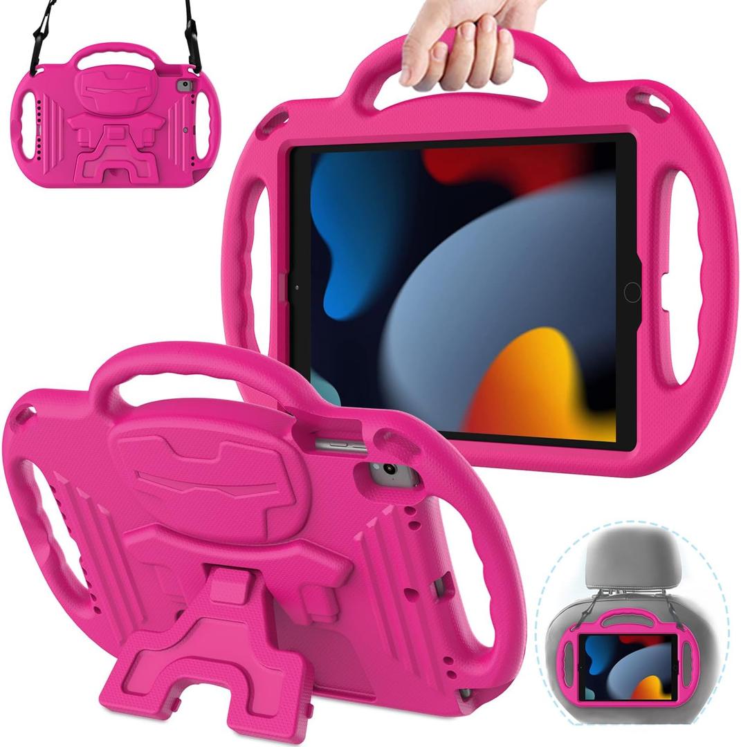 AVAWO Kids Case for iPad 9th Generation 10.2 inch 2021 with Lanyard, iPad 8th/ 7th Generation Case for Kids, Shockproof Handle Stand Shoulder Strap Bumper Cover for iPad 2021/ 2020/ 2019, Rose Pink