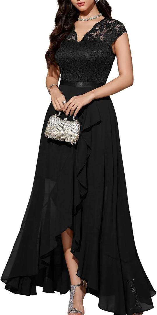 Bbonlinedress Women's V-Neck Dress for Women Wedding Guest Hi-Lo Floral Lace Prom Cocktail Party Formal Bridesmaid Dress (Black, XXXL)