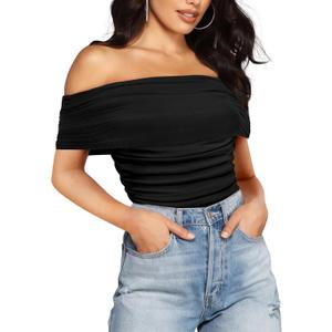 SAUNGKUAI Women's Short Sleeve Bodysuit Off the Shoulder Mesh Ruched One Piece Body Suits Summer Outfits (XX-Large, Black)