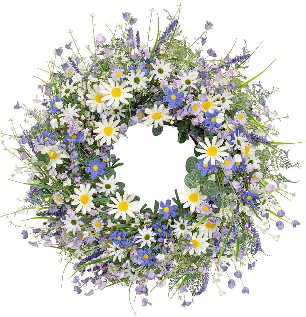 24 Inches Summer Wreaths for Front Door Blue Summer Door Wreath Spring Floral Wreath with Wildflower White Sunflower for Porch Indoors Outdoor Window Home Decorations