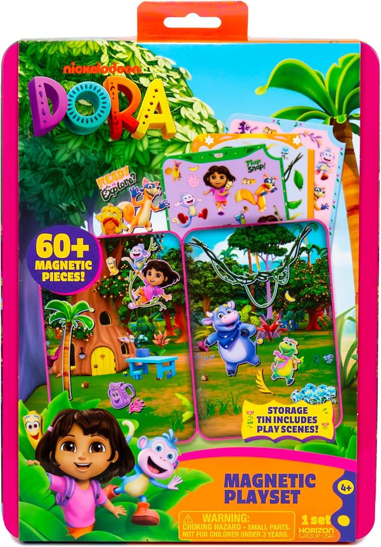 Dora Magnetic Playset, 75 Characters & Accessories, Reusable Storage Tin and Play Scene, Fun Toddler Toys, Mess Free Airplane Toy, Travel Games & Road Trip Essentials, 4 Year Old Girl Birthday Gifts