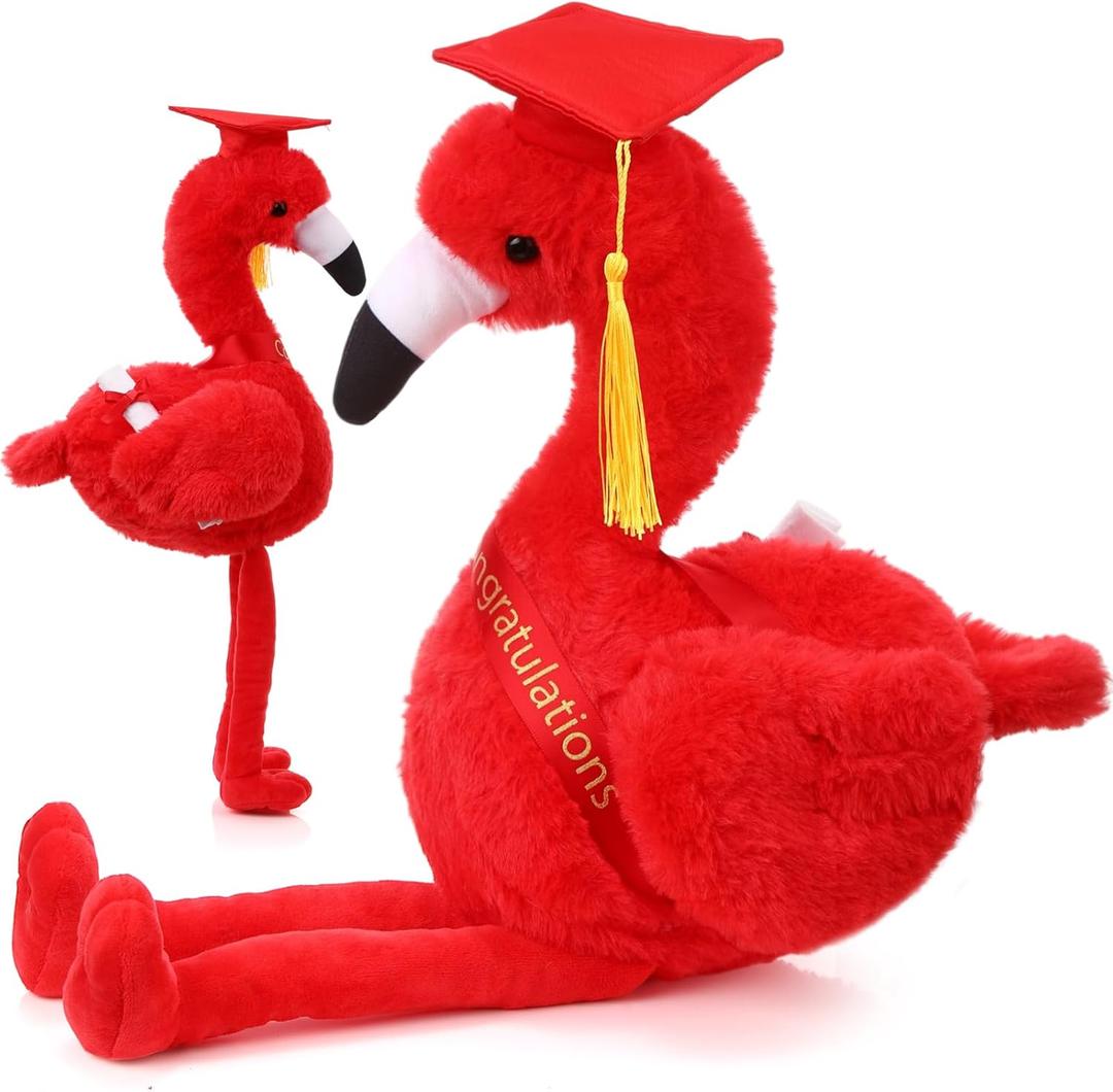 Chalyna 10 Inch Graduation Gifts Flamingo Plush Stuffed Animal with Gold Tassel Graduation Hat and Sash Congrats Grad Gift for Preschool Kindergarten Kids Student Friend Party Decoration(Red)