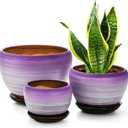 SOUJOY Set of 3 Ceramic Flower Pots, Gardening Plant Pot with Drainage Holes and Saucer, 7/5/4 inch Purple Round Succulent Herbs Cactus Planter for Indoor Outdoor