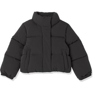 Amazon Essentials Girl's Cropped Full-Zip Puffer Jacket (Quilted Matte or Sherpa Fleece) (Large, Black)
