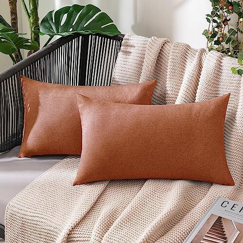 MIULEE Pack of 2 Decorative Outdoor Solid Waterproof Fall Throw Pillow Covers Faux Linen Garden Farmhouse Cushion Cases for Summer Patio Tent Balcony Couch Sofa 20x12 Inch Rust