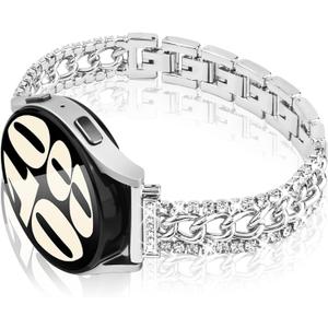 20MM Bling Chain Bracelet Watch Band Compatible With Samsung Galaxy Watch 7/6/5/4 40mm 44mm/Galaxy Watch 5 Pro 45mm/Galaxy Watch 4 Classic, Diamond Rhinestone Metal Watch Strap for Women