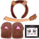 Christmas Reindeer Antlers Headband,Tail,Paws,Face Stickers, Halloween Festival Parties Dress up (Lion Brown)