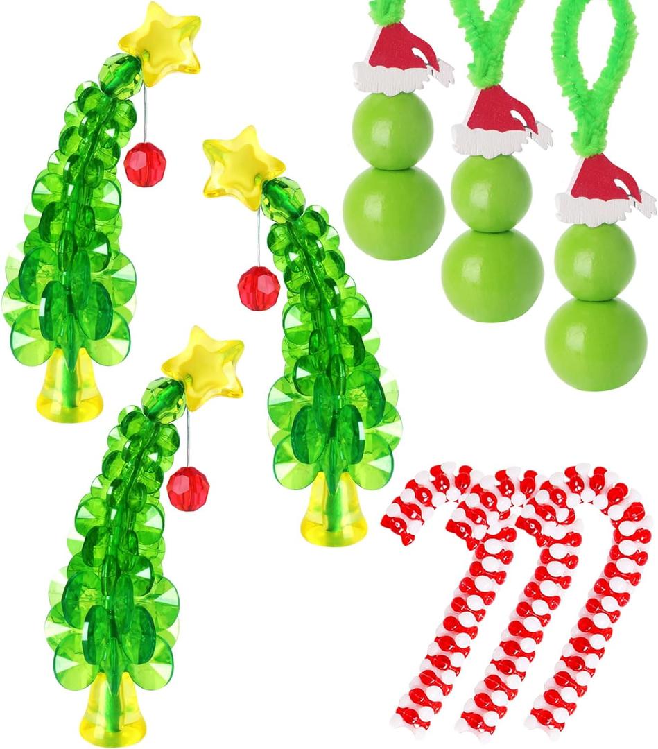 Christmas Crafts for Adults,30 Sets Christmas Beaded Ornament Kit to Make-Including 12 PCS Green Monster/6 PCS Tree/12 PCS Candy Cane,Christmas Tree Decorations (Assembly Needed)
