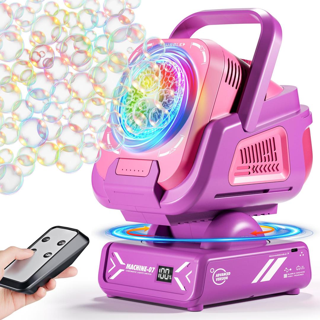 Belemar Upgraded Bubble Machine with Remote Control, Automatic Rotation & RGB Lights, 1800mAh Rechargeable Battery, Type-C Charge, Bubble Maker for Kids, Weddings, Birthday Parties, Outdoor Activities