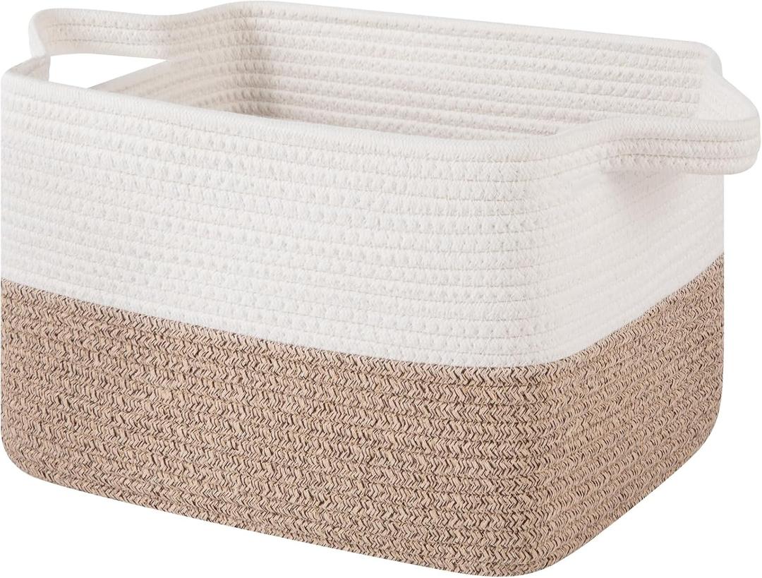 OIAHOMY Woven Storage Basket for Shelves, Rectangle Cotton Rope Baskets for Organizing, 13 x 10 x 9 in, Storage Bins for Dog Toys,Towel,Books,Gift,Brown and White