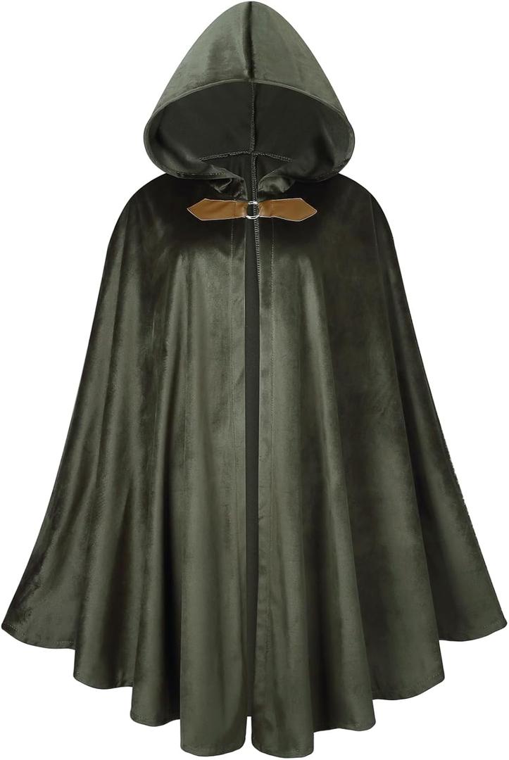 GRAJTCIN Renaissance Hooded Cape Velvet Cloak Victorian Capelet Medieval Hobbit Halloween Costume (100 CM/39 inch, Green)
