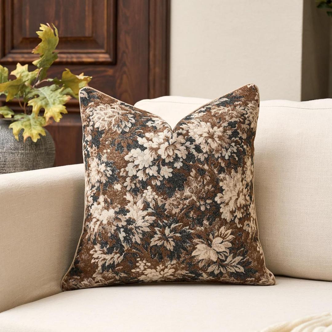 Yangest Neutral Floral Pillow Cover 24 x 24 Inches, Vintage Chenille Square Throw Pillow Cover Soft Decorative Farmhouse Accent Couch Pillow Cover for Living Room Bedroom, Coffee Brown