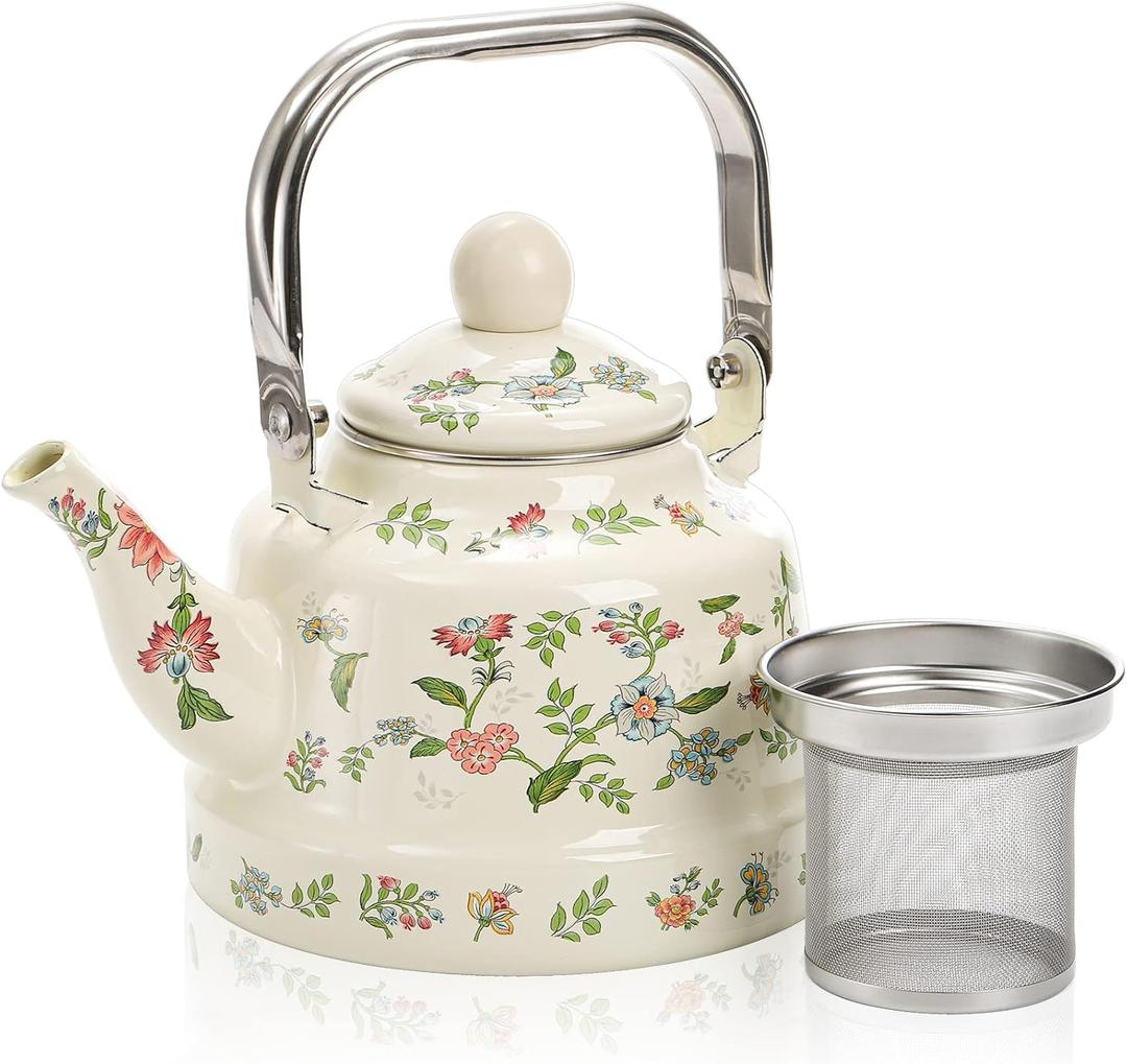 Jucoan 1.8 Quart Vintage Enamel Stovetop Tea Kettle, Retro Green Floral Enamel on Steel Teapot with Removable Infuser for Camping, Gift for Wedding Housewarming Thanksgiving Christmas