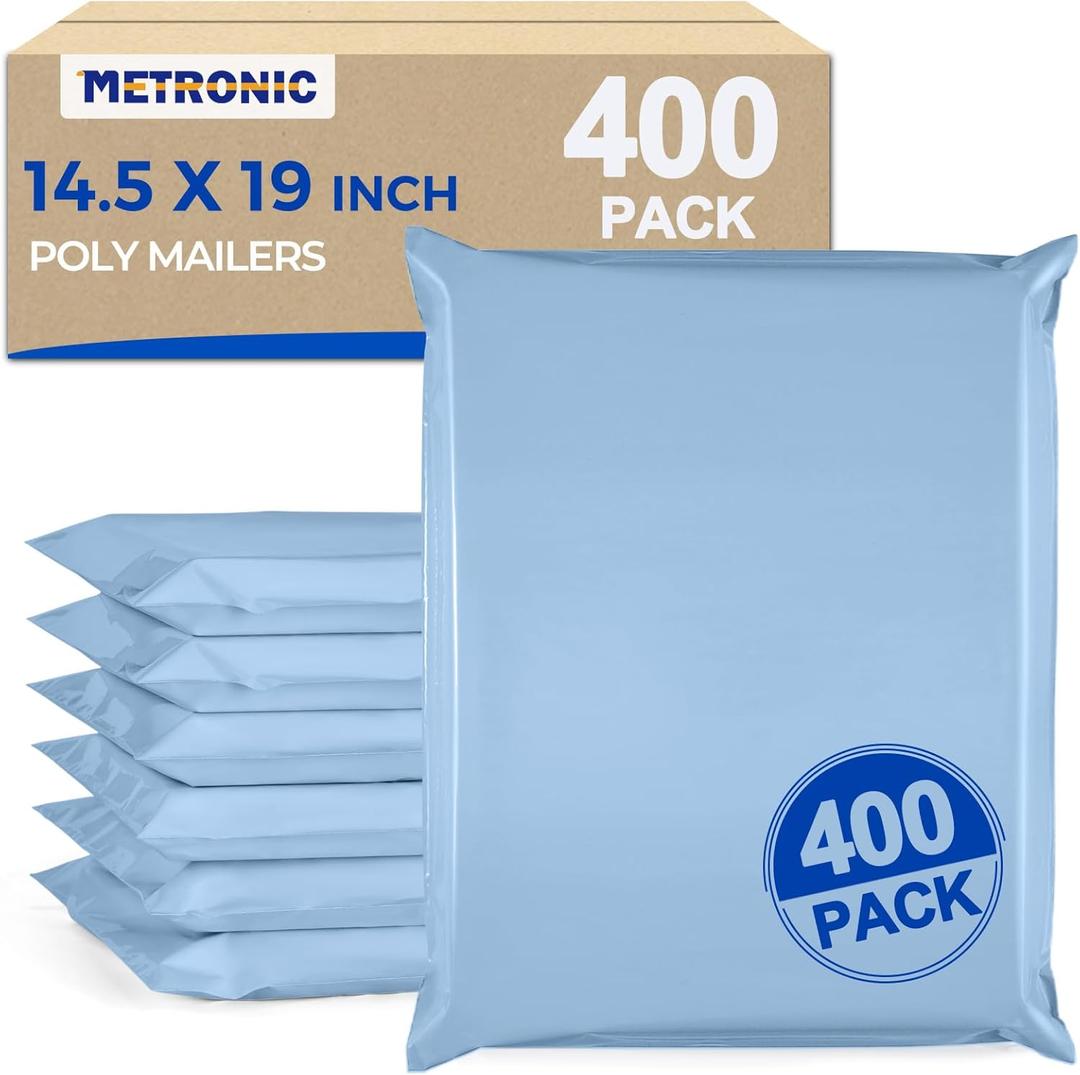 Metronic Poly Mailers 14.5x19 400pcs, Large Shipping Bags for Clothes Bulk, Self-Seal Mailers Poly Bags Shipping Envelopes for Small Business, Waterproof Packaging Mailing Bags, Light Blue