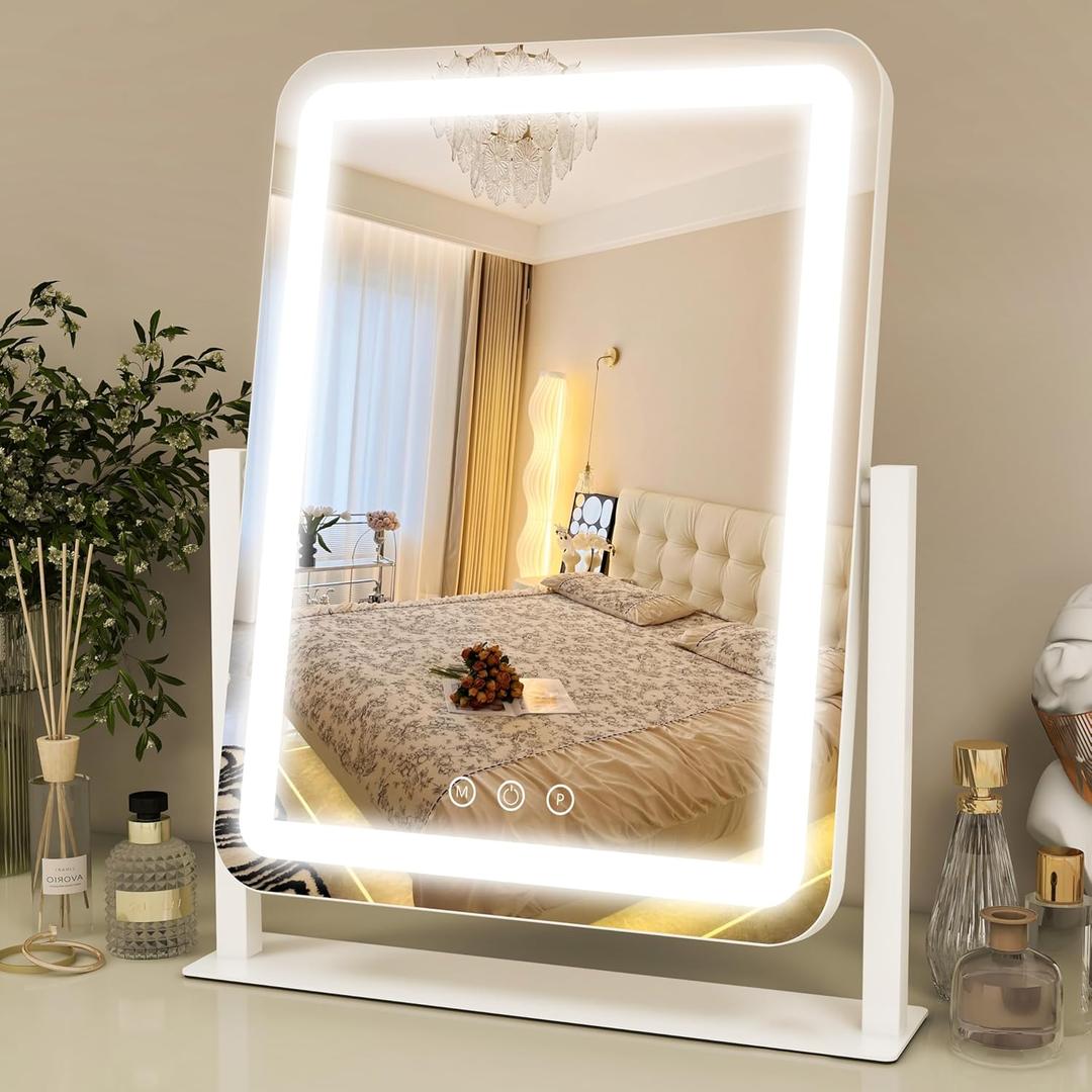 ROLOVE Vanity Mirror with Lights 13x16 Inch, Smart Touch Control, 3 Color Lighting Modes, Table Top Mirror with Stand for Bedroom (White)