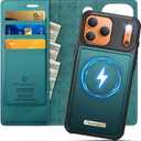 Wallet Case for iPhone 17 Pro Compatible with Magsafe, 2-in-1 PU Leather Flip RFID Blocking Card Holder Stand Shockproof Magnetic Detachable Cover for iPhone 17 Pro Case 6.3", Bluegreen