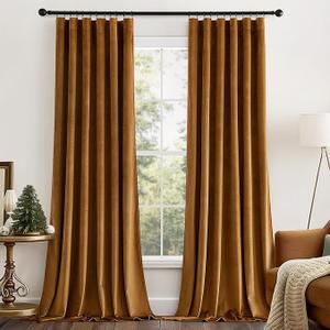 Gold Brown Triple Pleated Velvet Curtains 86 inches Long 2 Panels for Living Room Thermal Insulated Pinch Pleat Blackout Velvet Drapes With Hooks Thick Heavy Mordern Elegant Luxury Bedroom Curtain