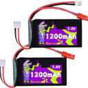 1200mAh 7.4V LiPo Battery with JST & PH2.0,2S High Capacity RC Battery Fit for SCX24 A949 959 969 979 WPL MN RC Car Boats Trucks - 2 Pcs