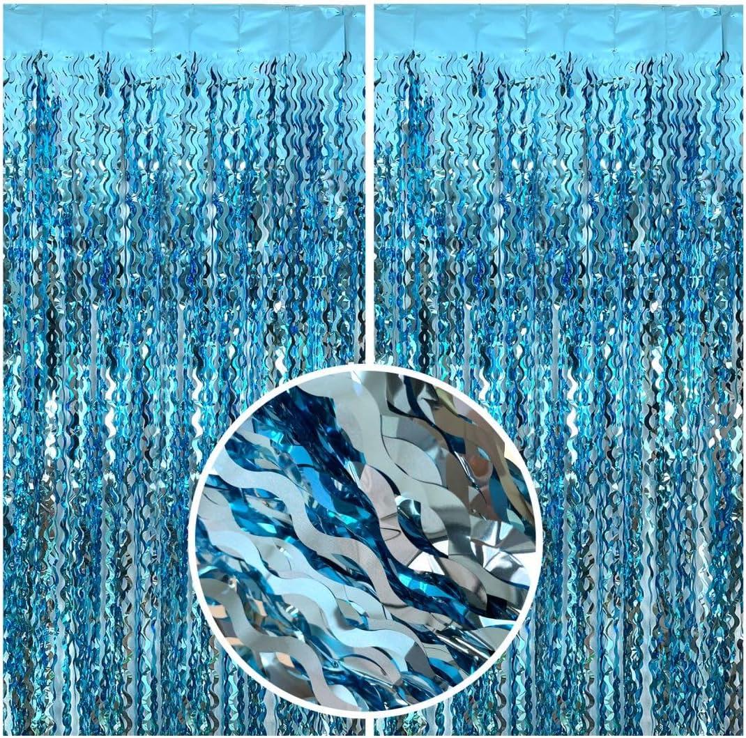 Blue Streamers Party Decorations, Pale-Blue Fringe Backdrop, Light-Blue Birthday Decoration, Frozen Birthday Favor, Ocean Parties Decor, Under The Sea Party Decor, Pool Beach Backdrop Decorations (2 pack)