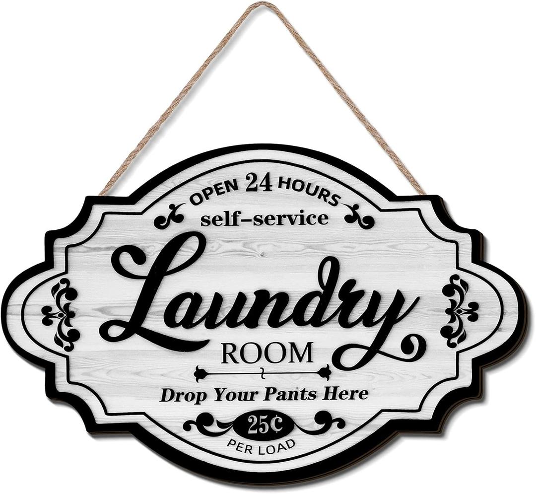 Jetec Vintage Wood Laundry Room Decor Hanging Wall Sign Door Sign Farmhouse Rustic Wall Art For Laundry Bathroom Restroom Washroom Home, 12 x 8 x 0.2 Inch(White)