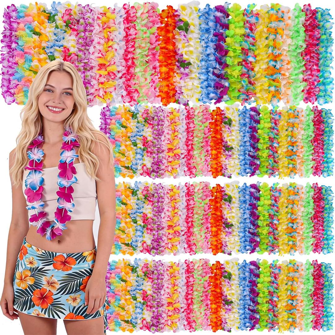 100 Counts Hawaiian Leis Bulk for Luau Party Decorations Colorful Tropical Flower Leis for Adults Hawaiian Beach Luau Party Favors Decorations