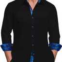 DiBanGu Men's Dress Shirt Long Sleeve Regular Fit Button Down Shirts with Collar Pin Inner Contrast Color Shirt (Black and Blue)