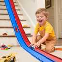 Flex Tracks 15 Ft Starter Set, Flexible Race Track for Kids 3+ with Strong Suction Cups, Flexible Car Track Race Car Ramp Track Compatible with 1/64 Diecast Cars, Portable Rolls Up Race Tracks (Blue Red)