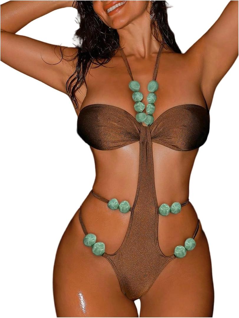 OYOANGLE Women's Strappy Beaded Halter Monokini Cutout Backless One Piece Swimsuit Cheeky Beach Leotard, XL