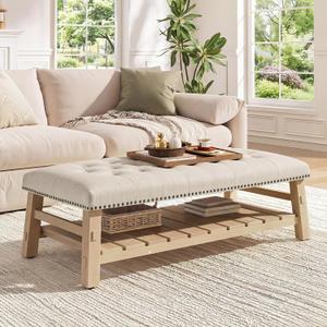 Merax 48" Large Rectangle Linen Blend Ottoman Coffee Table, Button Tufted with Slatted Storage Shelf, Upholstered Footstool Bench with Nailhead Trim & Solid Wood Legs, Seats for Living Room, Beige, 48"D x 26"W x 18.5"H