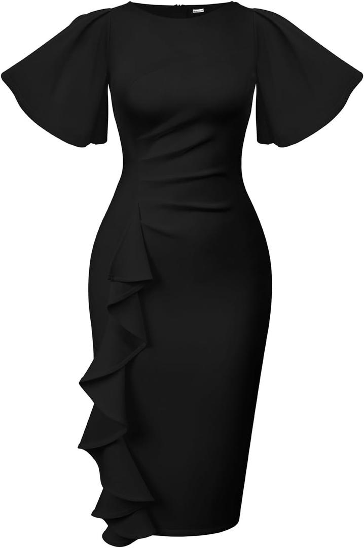 Memoriesea Women's Basic Vintage Ruffle Sleeve Ruched Bodycon Work Midi Pencil Dress (XX-Large, Black)