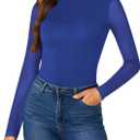LYANER Women's Basic Mock Neck Stretch Sheer Mesh Long Sleeve Bodysuit Leotard Top Royal Blue Large