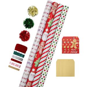 LaRibbons Christmas Wrapping Paper Sets, Gingerbread Man & Polka Dot & Stripes Design with Ribbons & Gift Tags & Metallic Pom Pom for Christmas, Holiday, 30Inch  10Feet 4 Rolls: 100 Sq.Ft.Ttl