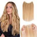 Hairro Wire Hair Extensions Human Hair, Fish Line Invisible Adjustable & Clips in Extensions Straight, 100% Real Hairpieces Seamless Blending for Women, 16 Inch 80g Golden Brown Mix Bleach Blonde