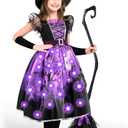 Spooktacular Creations Light-up Witch Costume for Girls, Toddlers Print Witch Outfit Set for Kids Halloween Dress Up Parties (Purple, L)
