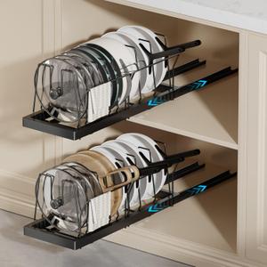 Magheo 2 Pack Pots and Pans Organizer Under Cabinet, 22" Deep Expandable Pull Out Pot Lid Organizer and Storage with 10 Adjustable Dividers No Drill Pot and Pan Holder Rack with Handle Bracket(Black)