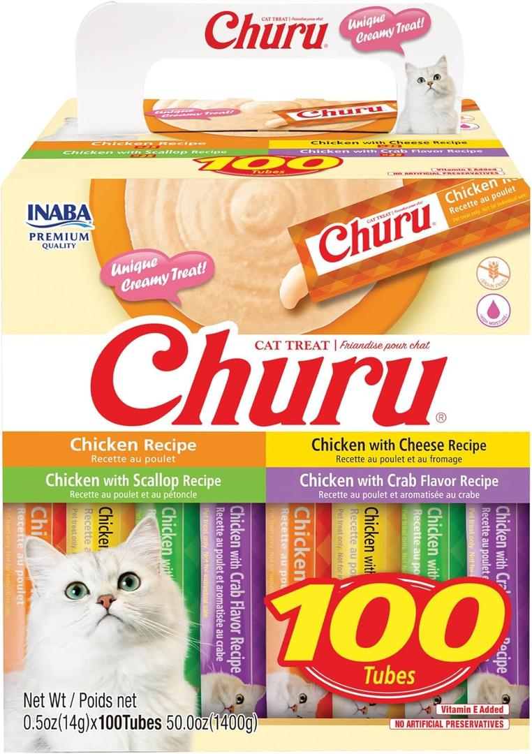 INABA Churu Cat Treats, Lickable, Squeezable Creamy Pure with Vitamin E, 0.5 Ounces per Tube, 100 Tubes Total, Chicken Variety