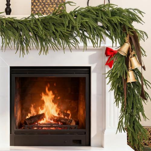 9 FT Real Touch Norfolk Pine Garland, Artificial Christmas Greenery Garlands, Green Realistic Garland Faux Norfolk Pine Garlands for Mantle Table Fireplace Stairs Railing Indoor Outdoor Xmas Decor