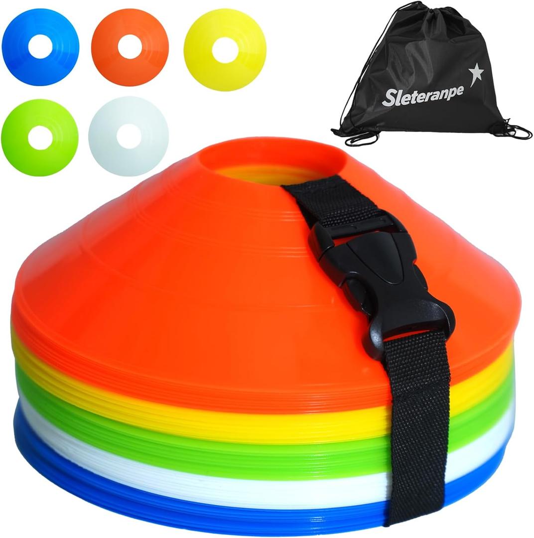 Pro Disc Cones (Set of 50)  Soccer Cones for Training with Drawstring Bag & Strap  Agility Cones for Basketball, Football, and Sports Drills