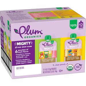 Plum Organics Mighty 4 Organic Toddler Food - Variety Pack - 4 oz Pouch (Pack of 12) - Organic Fruit and Vegetable Toddler Food Pouch (BB: October 21, 2025)